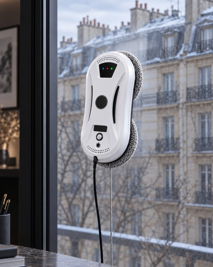 Éloria — Robot lave-vitres à double disque au travail sur une fenêtre