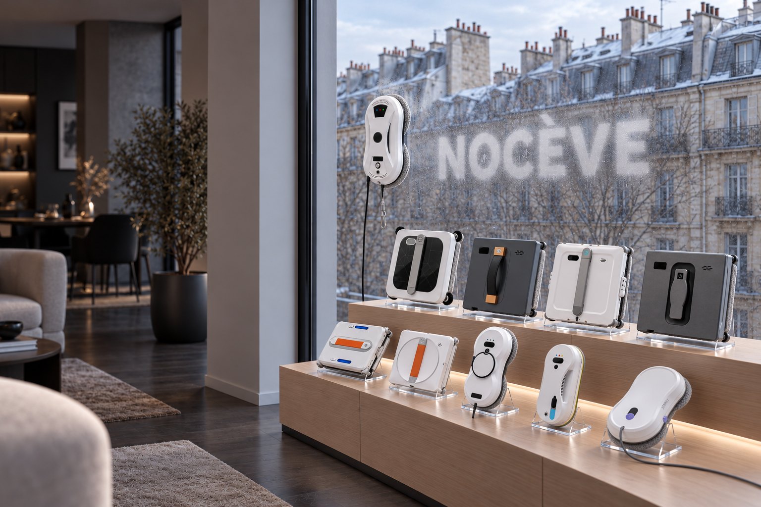 Bureau parisien en hiver : le robot lave-vitres Éloria sur la baie vitrée a tout nettoyé sauf le mot NOCÈVE laissé en buée, les neuf autres robots Nocève exposés en vitrine