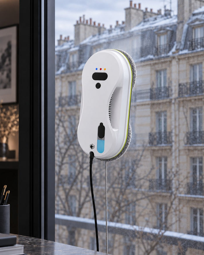 Lucéa — Robot lave-vitres au travail sur une fenêtre