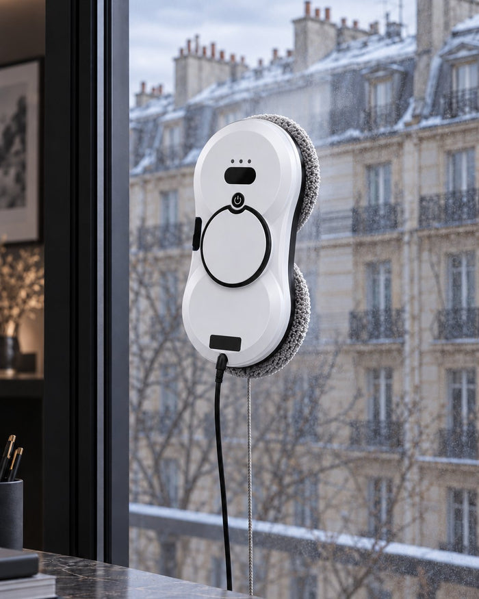 Sélia — Robot lave-vitres de 68 mm d'épaisseur au travail sur une fenêtre