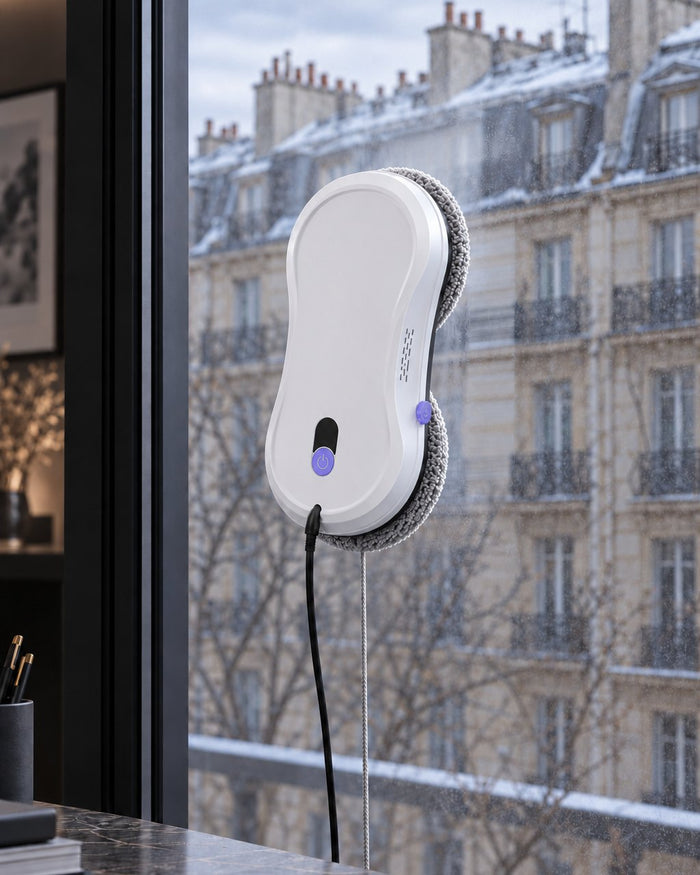 Veléa — Robot lave-vitres à double disque au travail sur une fenêtre