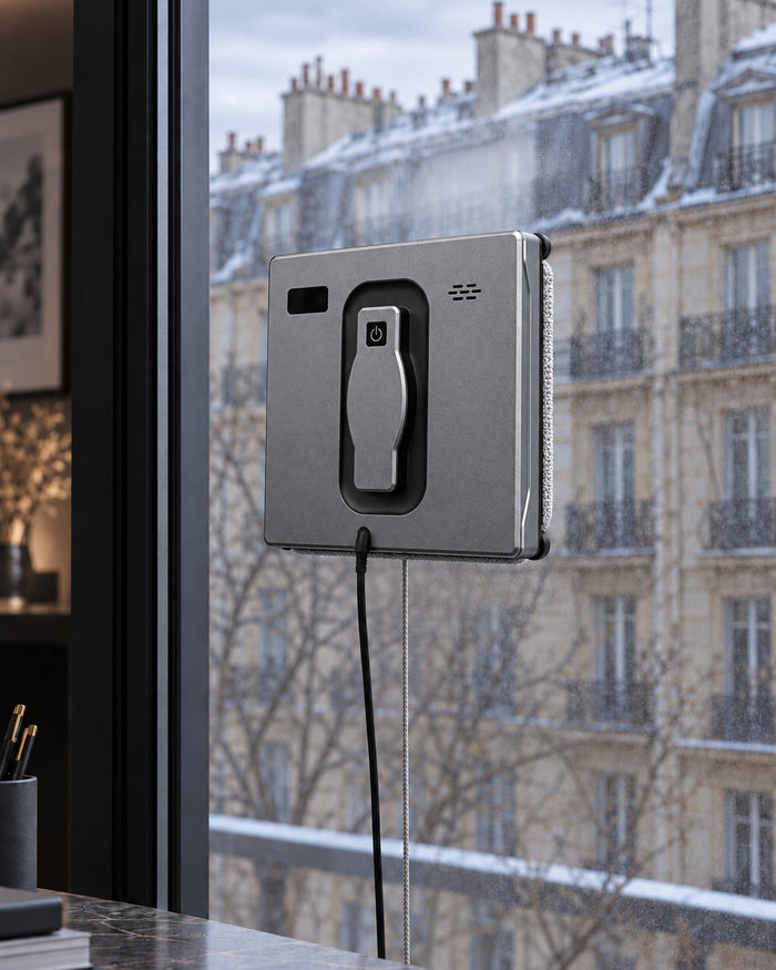 Vitréo — Robot lave-vitres carré au travail sur une fenêtre