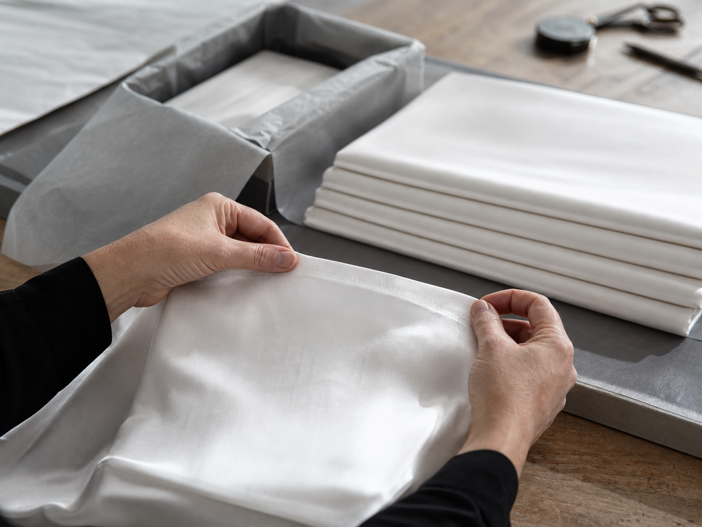 Contrôle d'une couture sur une taie en soie claire