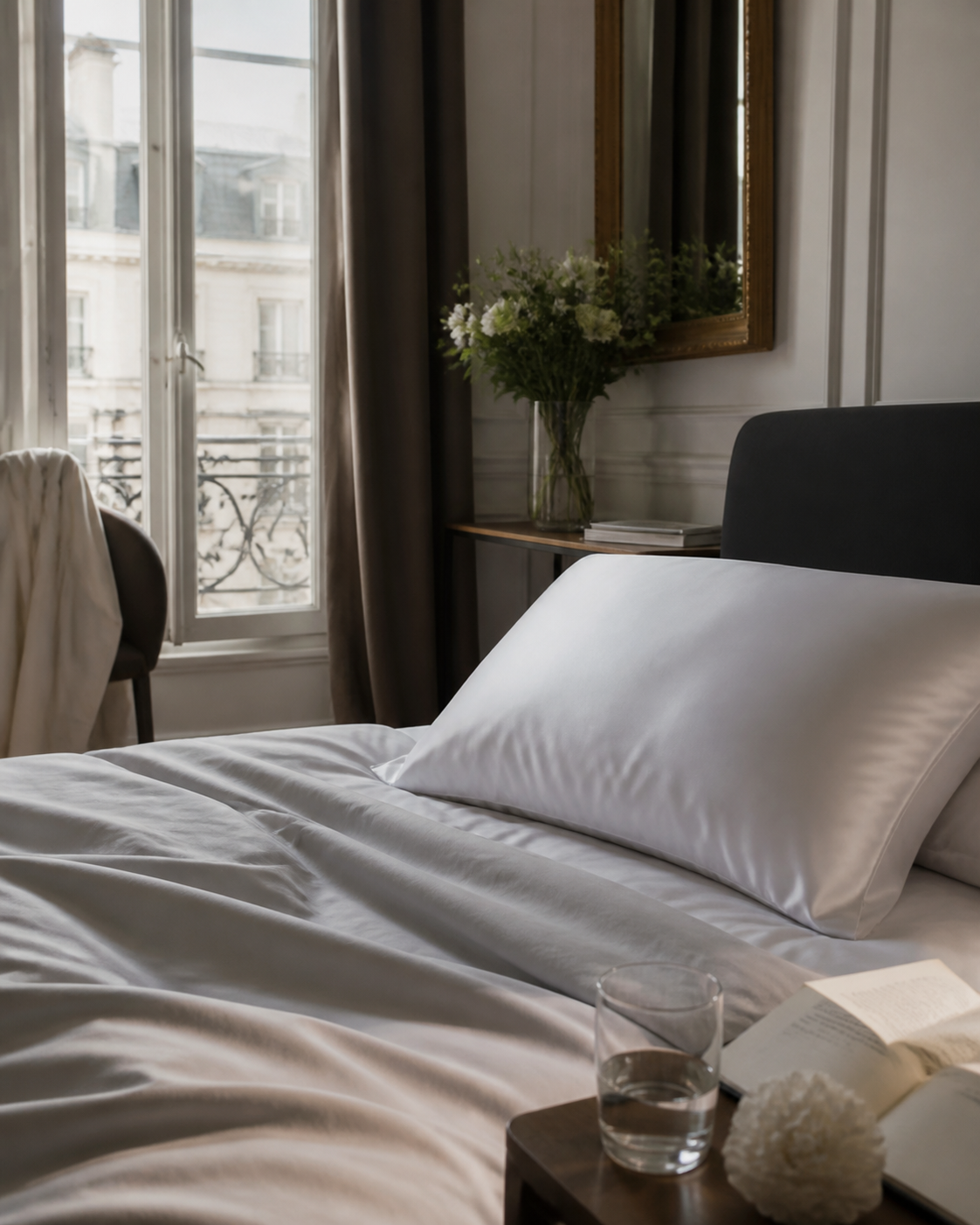 Chambre calme avec taie en soie claire et rituel du matin