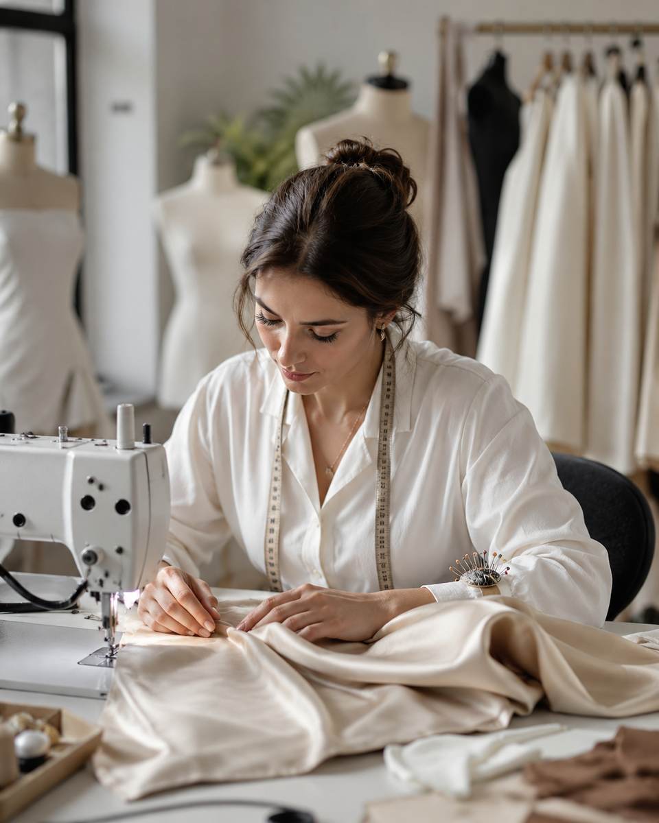 Atelier textile avec soie claire et finitions Nocève