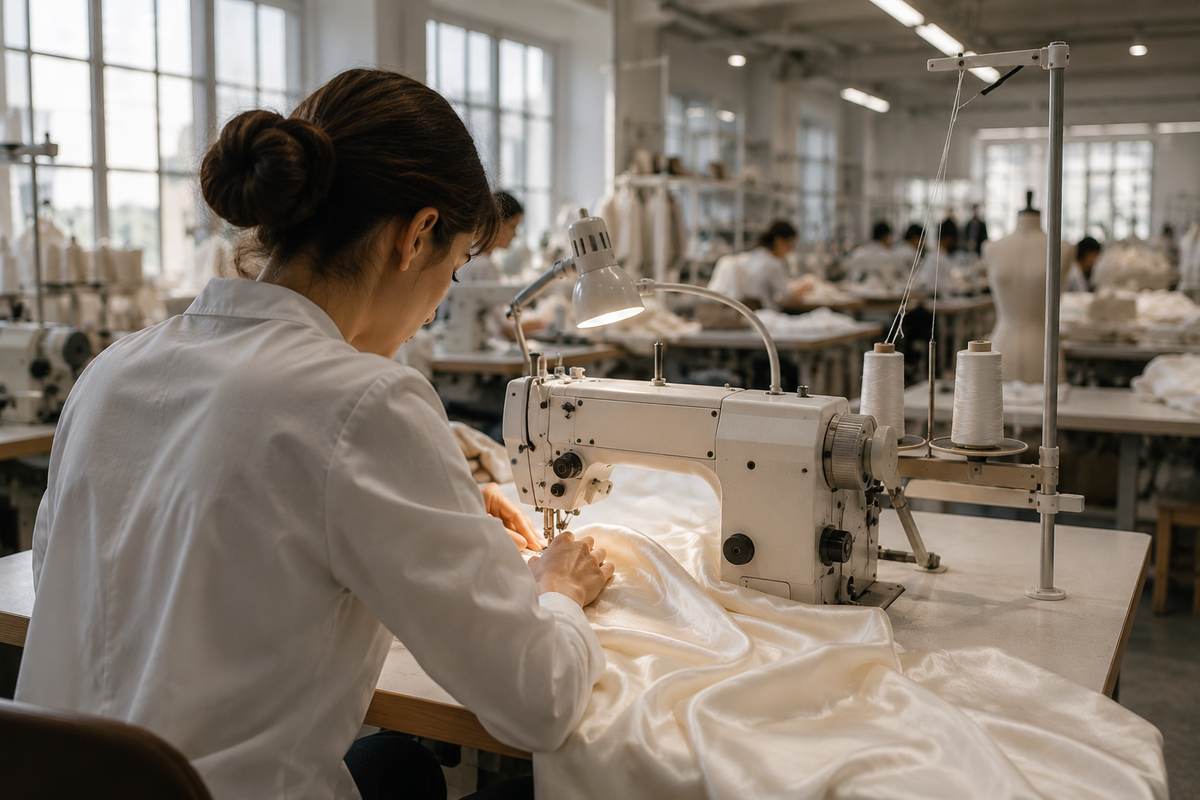 Production textile de soie avec tissu clair sur table d'atelier
